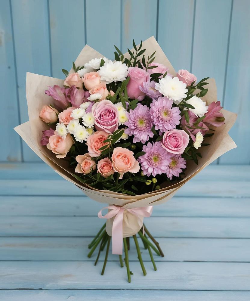 Букет цветов из: Хризантемы, Розы и Альстромерии в Новом Сулаке