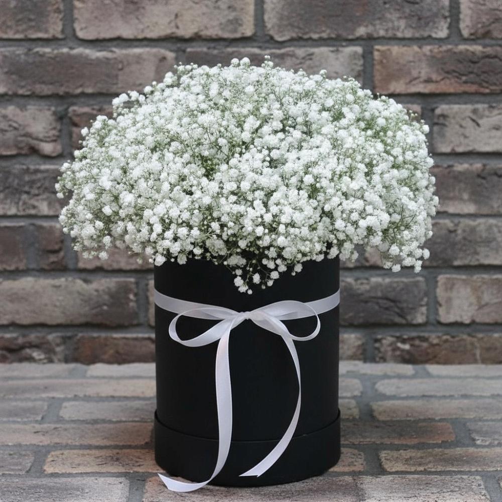 Цветочная композиция из Гипсофила в шляпной коробке в Новом Сулаке